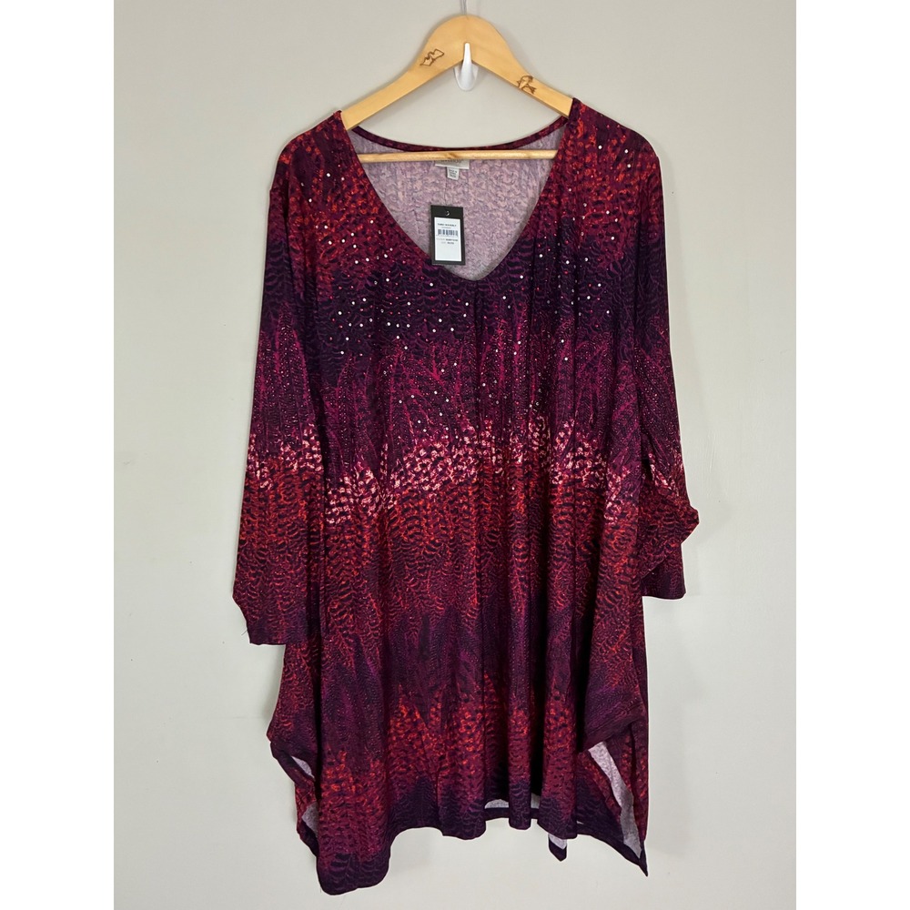 Avenue Tunic Waverly Women 30/32 Purple Red Feather Print Rhinestone Sharkbite